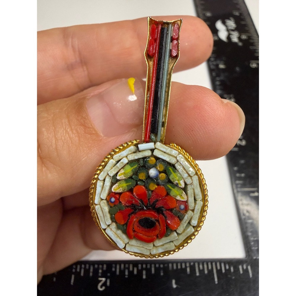 Vintage Italian Micro Mosaic Mandolin Brooch Gold Tone Floral Lute Pin Italy